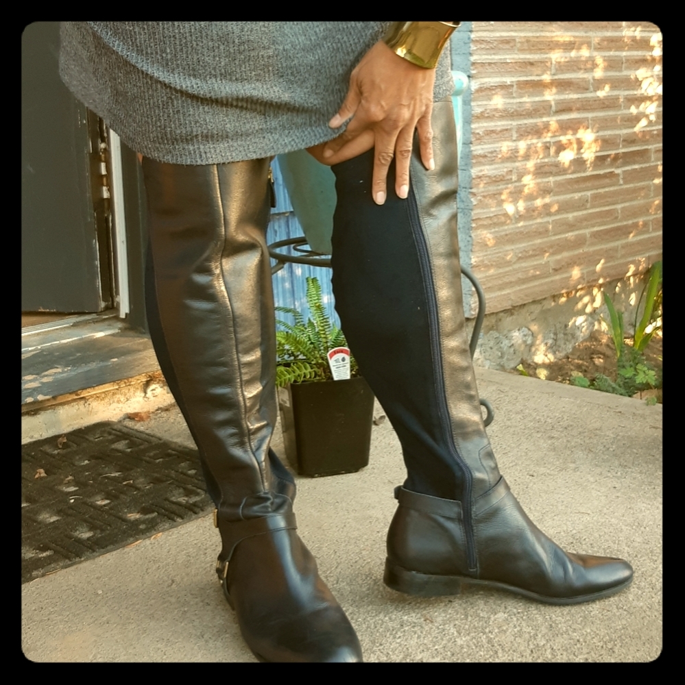 Blue leather knee high riding boots